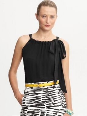 Trina Turk for Banana Republic 100% Silk Black Halter Tie Neck Top